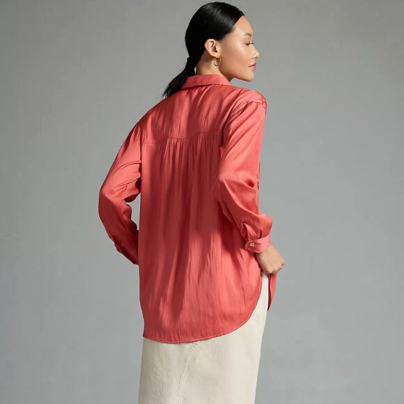 Anthropologie Relaxed Silky Long Sleeve Buttondown in Rose Pink - Picture 2 of 8